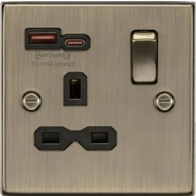 Image of KnightsBridge 13A 1G SP Switched Socket with Dual USB Charger A+C [Max. 18W QC/PD FASTCHARGE] Antique Brass