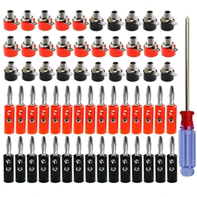 Image of QitinDasen 30 Pair Premium 4mm Banana Plug Socket Connector, Solderless Nickel Plated and Binding Post Terminal Set, for Audio/Video Receiver, Amplifiers, Sound Systems (Red + Black)