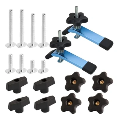 Image of POWERTEC 72250 T Track Hold Down Clamp, 5 1/2&quot; L x 1 1/8&quot; W, 2 Pack, and Knob Kit w/Threaded Knobs 5/16&quot; 18 Bolts, 16 Piece Set, Accessories for Woodworking Jigs