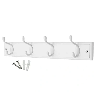 Image of keypak 4 Hook Wall Mounted Coat Rack, 45cm White Wooden Board, Hooks Fixings Included