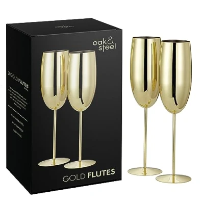 Image of Oak &amp; Steel 2 Gold Champagne Flutes, 280ml Stainless Prosecco Glasses with Gift Box