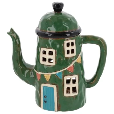 Image of Shudehill Giftware Village Pottery Ceramic Tealight Holder Teapot House Green or Blue (Green)