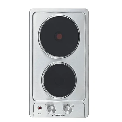 Image of Cookology SEP300SS 30cm Solid Plate Domino Cooktop Hob Electric Built In Hotplate, 2 Zone, 6 Heat Setting Rotary Dials Stainless Steel