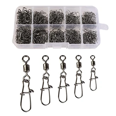 Image of CRAZY SHARK 210PCS Fishing Swivels Snaps Rolling Barrel Swivel With Safety Snap Interlock Snaps, Stainless Steel Solid Saltwater Freshwater Connector