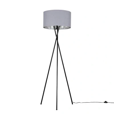 Image of MiniSun Modern Gloss Black Metal Tripod Floor Lamp with a Grey &amp; Chrome Cylinder Shade