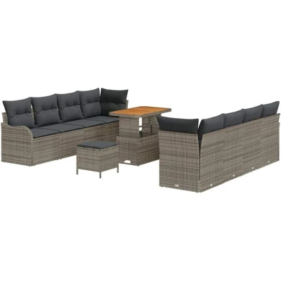 Image of vidaXL 11 Piece Garden Sofa Set with Cushions Grey Poly Rattan Acacia