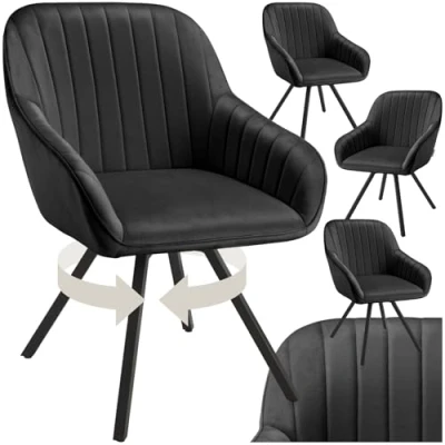 Image of TecTake® Set of 4 Velvet Dining Chairs with Slim Steel Legs, Large Arm &amp; Backrests, Soft Padding, 360 Swivel Armchairs Height Adjustable Feet Ideal Living Room, Kitchen Desk Black