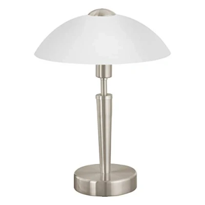 Image of Eglo Solo 1 Table Light, Matt Nickel Steel and White Glass Bedside Lamp, E14 Socket, incl. Touch Dimmer Switch