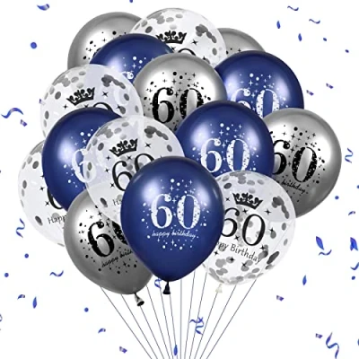 Image of 60th Birthday Balloons, 15 PCS 60 Anniversary Latex Silver Navy Royal Blue Balloons Inflatable Clear Confetti Happy Party Decorations for Men Women Indoor Outdoor Decor Supplies 12&#039;&#039;