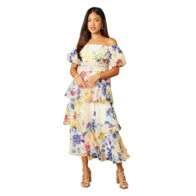 Image of Oasis Womens Petite Organza Floral Bardot Midaxi Dress Multicolour Size 8 UK