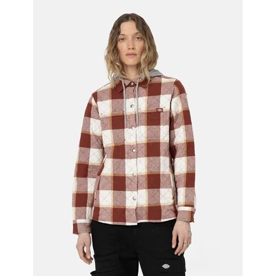 Image of Dickies Women&#039;s Fleece Hooded Flannel Shirt Jacket, Fired Brick Camp Plaid, M