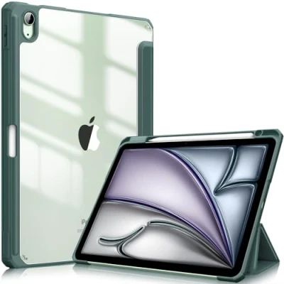 Image of FINTIE Hybrid Case Compatible with iPad Air 5th Generation (2022) / 4th (2020) 10.9 inch Slim Clear Back Cover Pencil Holder, Auto Wake/Sleep, Midnight Green