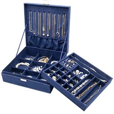 Image of ProCase Jewellery Box Organiser, 2 Tiers Large Boxes Storage Cases for Earrings, Bracelets, Rings, Necklaces Navy