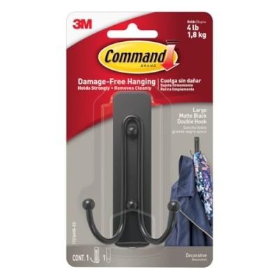 Image of Command Large Matte Black Double Hook, Indoor use 1 Metal Hook and Adhesive Strip Hang Jackets, Purses, Handbags, Hats, Scarves, Dog leads Damage Free Hanging