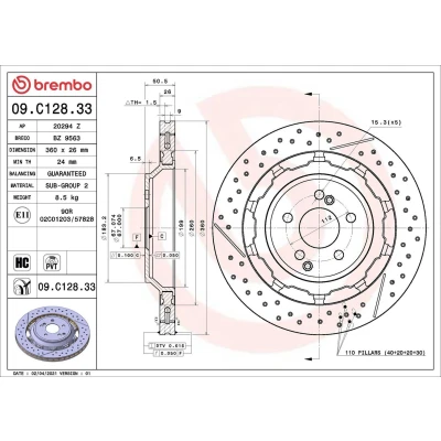 Image of 2224232012, 2314230212, A2224232012 Brake disc BREMBO 09.C128.33 MERCEDES BENZ: C Class Saloon, E T modell
