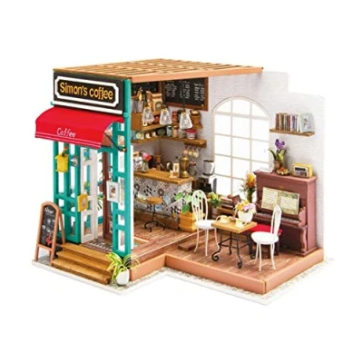 Image of Robotime 3D DIY House Kit Cafe with LED Light Model Making Miniature Woodcraft Dollhouse Puzzle Challenge Gift Set (Simon&#039;s Cafe)
