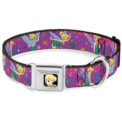 Image of Buckle Down Dog Collar Seatbelt Tinker Bell Poses Flowers Stars Skull Purple, Multi Color, 1&quot; Wide Fits 9 15&quot; Neck Small (DC WDY007 S)