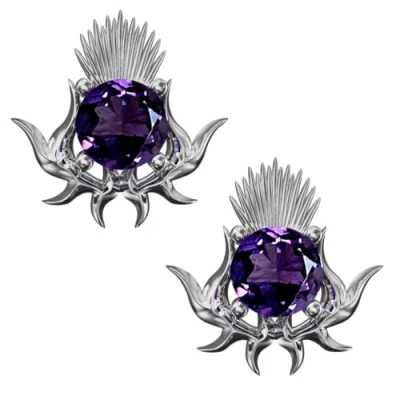 Image of CAIRN Scottish Sterling Silver Thistle Stud Earrings With Amethysts Emblem. Jewellery Gift Box Included. 5705