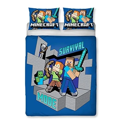 Image of Minecraft Survive Duvet Cover Officially Licensed Reversible 2 Sided Design with Matching Pillowcase, Polycotton, Blue (Double)