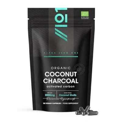 Image of Organic Activated Coconut Charcoal 2000mg 90 Vegan Capsules Bloating &amp; Gas, Digestion Flatulence Natural Relief Resealable and Recyclable Pouch by Alpha01