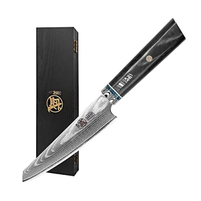 Image of MITSUMOTO SAKARI Japanese Kiritsuke Chef Knives, 7 inch Professional Damascus Kitchen Hand Forged HAP40 Powder Steel Cooking Knife (Micarta Handle and Sandalwood Box)