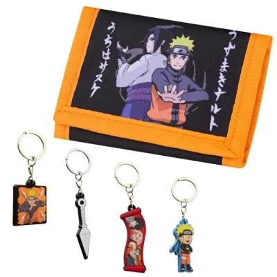 Image of Naruto Boys Wallet and Keyrings for Kids Mini Figures 6 Keychains or Gift Set Anime Gifts (Multi Wallet/Keyrings)