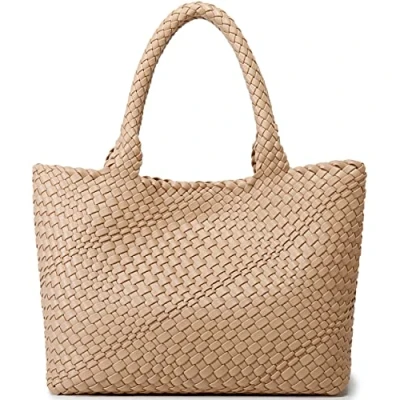 Image of Woven Bag for Women, Fashion Top Handle Shoulder Vegan Leather Shopper Large Travel Tote Bag, Apricot