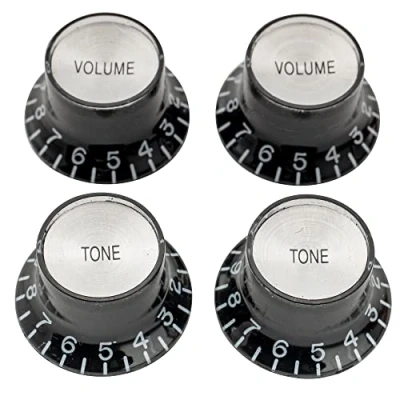 Image of Musiclily Pro Left Handed Imperial Inch Size Guitar Top Hat Bell 2 Volume Tone Reflector Knobs Set Compatible with USA Made Les Paul Style, Black Silver
