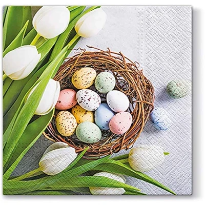 Image of Easter Eggs and Tulips Paper Napkins Quality Decorative Serviettes 3ply 33cm x (Pack of 20)