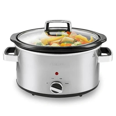 Image of Schallen Stainless Steel Stew and Stir Slow Cooker Cooking Machine, Family Sized, Energy Efficient, Removable Ceramic Pot, Brushed Silver (4 Litre)