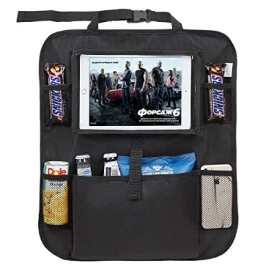 Image of Tech Traders ® Back Seat Car Organiser with 10.1&quot; iPad/Tablet Holder Touch Screen Kids Kick Mat Protector Cover Universal Fit Multi Pockets Children’s Storage Black