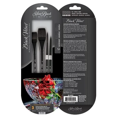 Image of Silver Brush Limited WC 3202S Black Velvet Professional Set, Set of 4 Brushes, Square Wash Size 3/4 Inch and 1 Inch, Script Liner 8, Round 8