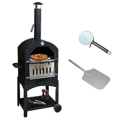 Image of KuKoo Outdoor Pizza Oven Portable Charcoal BBQ Garden Smoker Maker Stainless Steel Chimney Vent Temperature Gauge Shelf Includes FREE Peel, Stone and Cutter