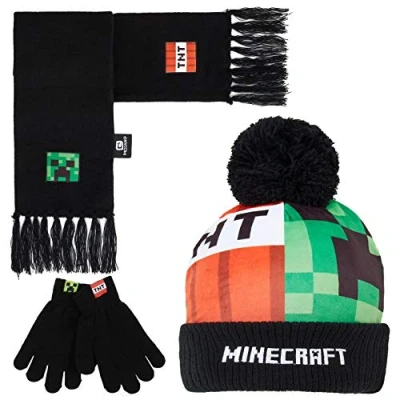 Image of Minecraft Cold Weather Set Creeper Beanie Hat Scarf and Gloves Kids Winter Gaming Gifts for Boys (One Size, Green/Red)
