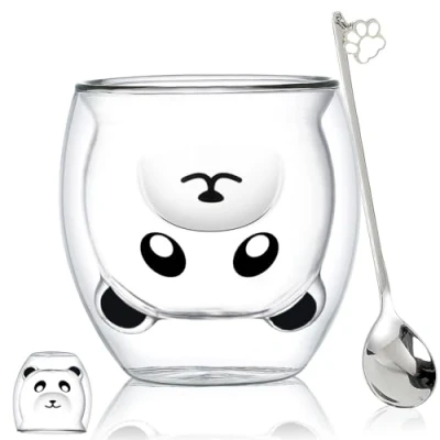 Image of Cute Mugs Glass Double Wall Insulated Glasses Espresso Cup, Coffee Tea Milk Best gift for Office and Personal Birthday (Panda)