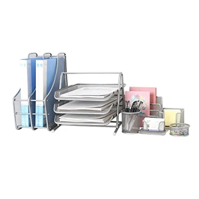 Image of Meta Furniture Office Desk Tidy 7 Piece Organiser Set 3 Tier A4 Filing Tray,Pen Pot,Memo Pad Holder,Letter Sorter Rack,File Holder Stationary