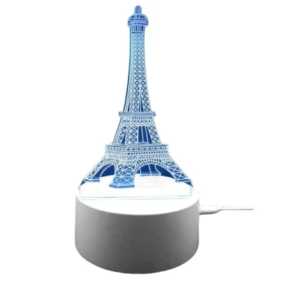 Image of True Face 3D Optical Illusion Night Light, Touch LED Table Desk Lamp 7 Color Changing USB Charger Powered Switch Light for Kids Friends Gift Eiffel Tower