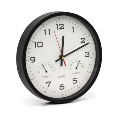 Image of Carousel Home 25cm Clock Temperature Humidity Weather Station Hygrometer Thermometer Wall Modern Indoor Black
