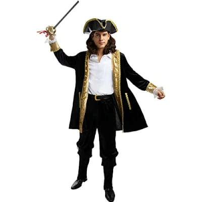 Image of Funidelia Deluxe Pirate Costume Colonial Collection for man Corsair, Buccaneer adults accessory fancy dress &amp; props Halloween, carnival parties Size S Black