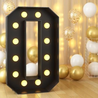 Image of Black Marquee Light Up Number 0, Letter LED Sign Pre cut Foam Glowing Mosaic Decor for Birthday Proposal Anniversary Wedding, 120CM/4FT