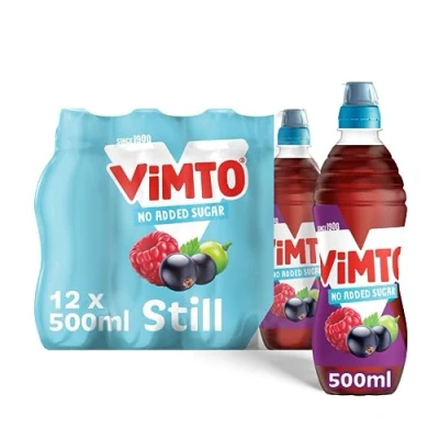 Image of Vimto Original No Added Sugar Real Fruit Juice for Rehydration Blackcurrant, Grape &amp; Raspberry Still Ready to drink Multipack Drinks 500ml Bottles (case of 12)