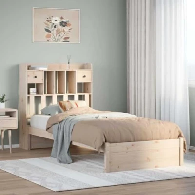 Image of vidaXL Bookcase bed Frame with Storage Headboard Small Single Pine Wood, 75x190cm Effortless Maneuverability Under Drawer, Space saving Design, Rustic Charm