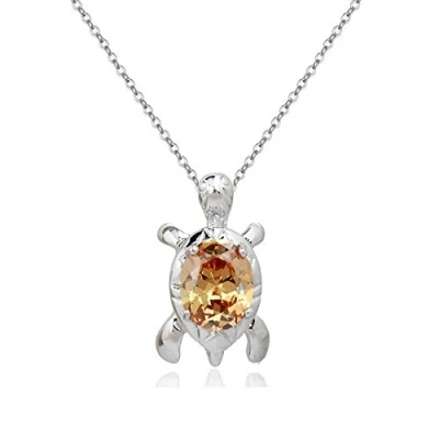 Image of Crystalline Azuria Women Girls 18ct White Gold Plated Orange Zirconia Crystals Turtle Pendant Necklace 17.7 inches