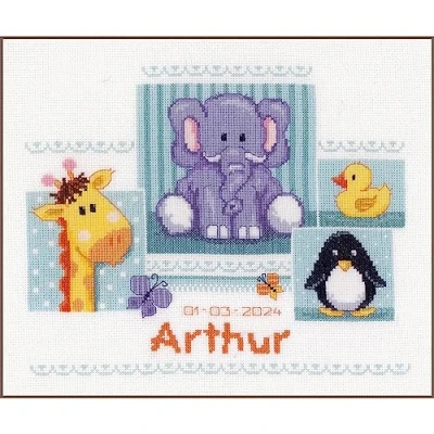 Image of Vervaco Counted Cross Stitch Kit DIY Gift Baby Birth Personalised Babies Animals Complete Embroidery Home Decoration Approx. 30 x 25 cm