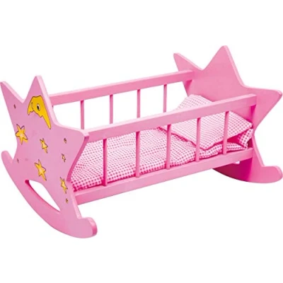 Image of small foot 2865 Wooden doll cradle &quot;Star&quot;, pink with moon and stars, for dolls up to 45 cm, from 3 years old