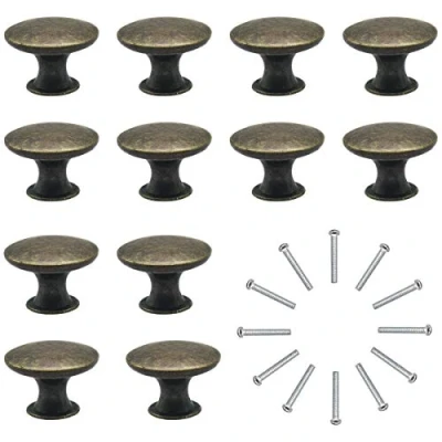 Image of 12 Pcs Retro Pull Handles, 30MM Bronze Kitchen Cabinet Drawers Knobs, Antique Furniture Knobs Round Cupboard Handles with Screw, for Drawer Wardrobe Door