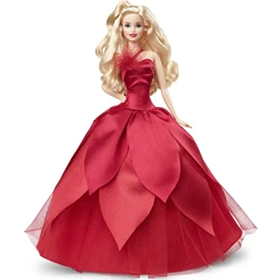 Image of Barbie Signature 2022 Holiday Doll (Blonde Wavy Hair) with Stand, Collectible Gift for Kids Ages 6 Years Old and Up