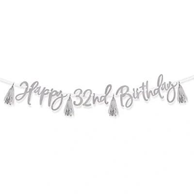 Image of Amscan 9911619 Silver Happy Birthday Add an Age Letter Banner includes Number &amp; Stickers for 1st to 100th 2.74m