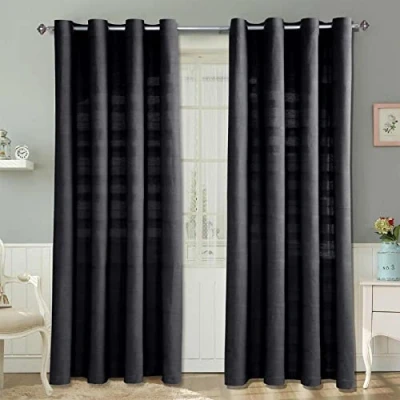 Image of HOMESCAPES Black Rajput Eyelet Curtain Pair 137cm (54&quot;) Wide x Drop 100% Cotton Ring Top Plain Curtains
