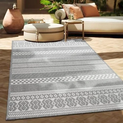 Image of Paco Home Outdoor Rug Kitchen Modern Boho Pattern, Size:160x220 cm, Colour:Grey 4